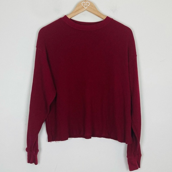 Brandy Melville burgundy red waffle knit slightly cropped thermal top. - Picture 2 of 5